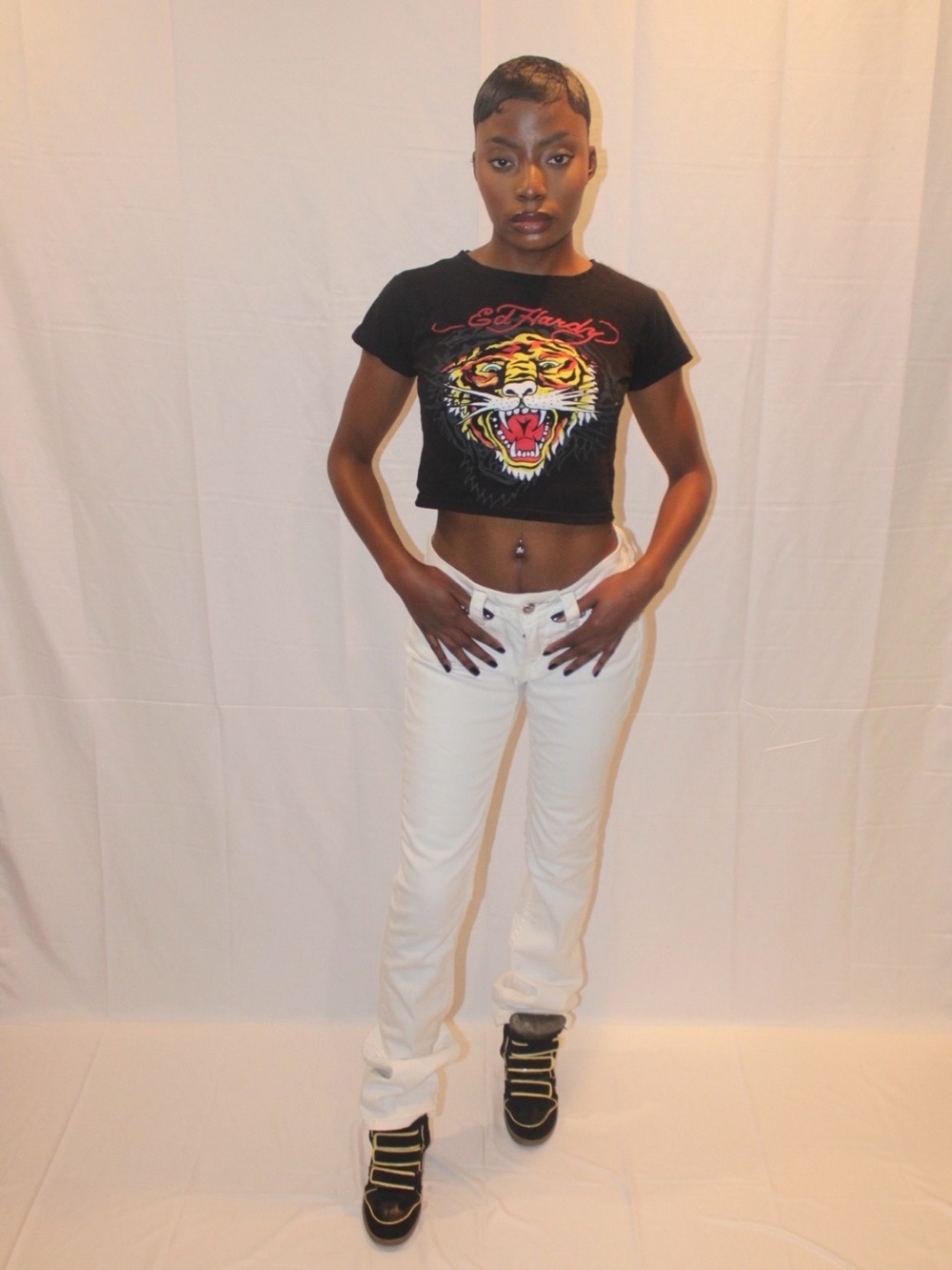 Ed Hardy Black Tee with Red and Yellow Tiger Graphic